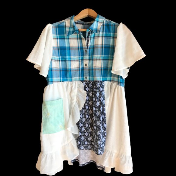 Upcycled Flowy Boho Patchwork Tunic, Size M: Ruffled Hippie Blouse, Bell Sleeves - Picture 6 of 15